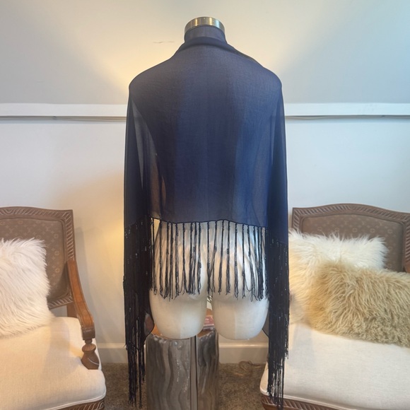 Elegant Navy Blue Sheer Shawl with Beaded Fringe Details - Picture 3 of 4